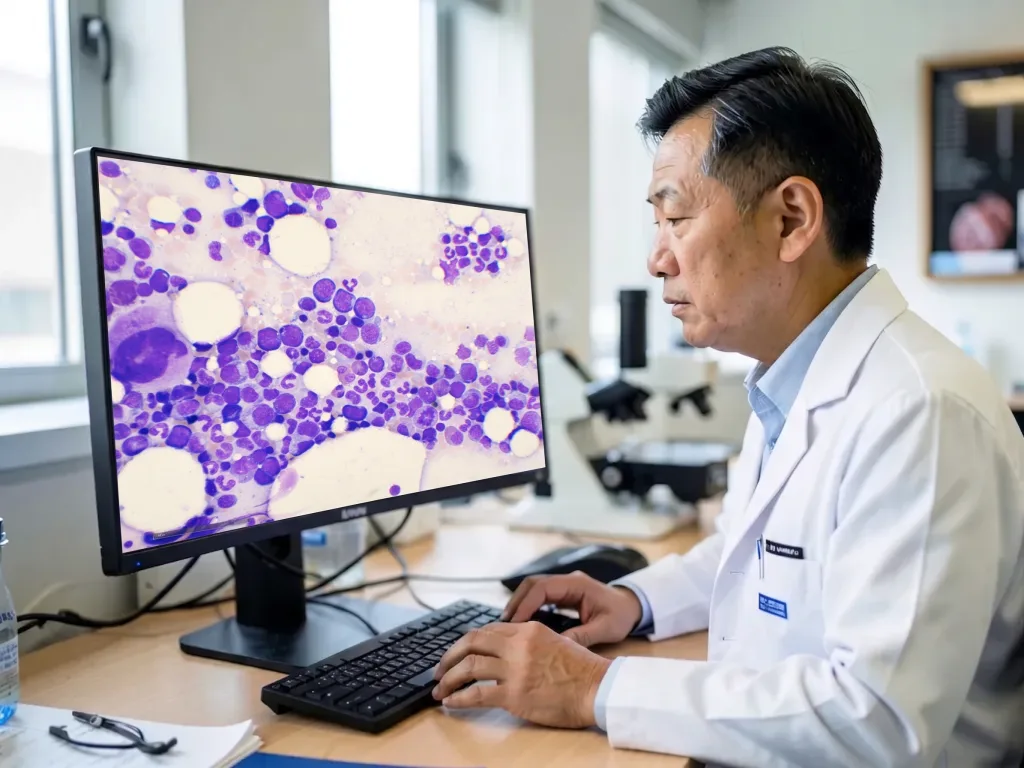 AI-generated portrait of a hematologist reviewing digital microscopy slides on screen