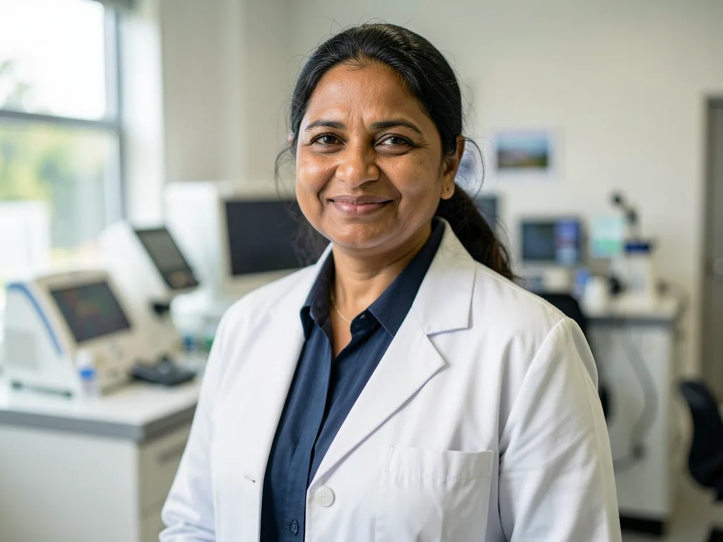 AI-generated portrait of a laboratory director in a modern hematology lab