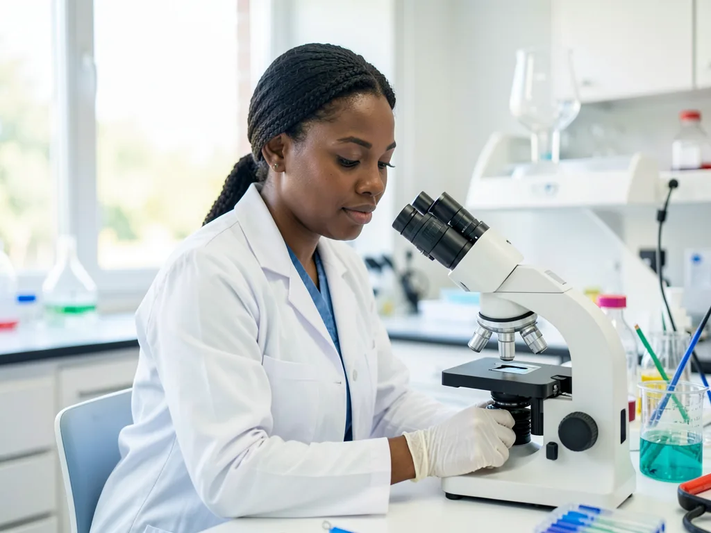 AI-generated portrait of a laboratory technician reviewing a bone marrow smear at a camera-equipped microscope