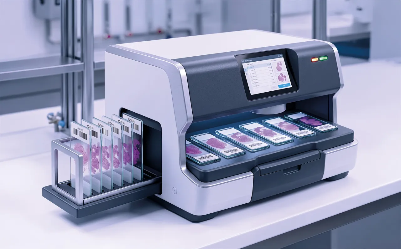 AI-generated illustration of a whole-slide scanner digitising slides in batches
